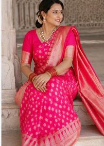 Vibrant Pink Silk Saree with Gold Motifs