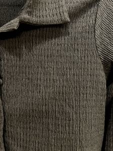 Brown Ribbed Collared Button-Up Top