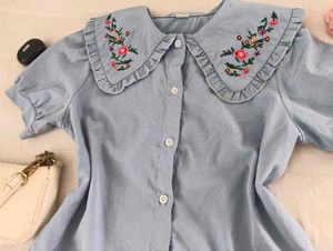 SHEIN Baby Blue Embroidered Peter Pan Collar Blous