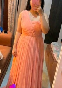 Peach Pleated One-Shoulder Gown
