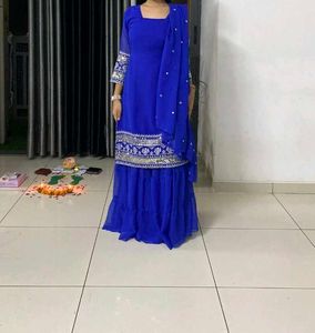 Royal Blue Embroidered Kurta Sharara Set
