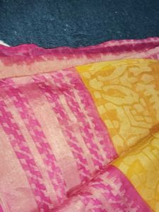 Vibrant Yellow &amp; Pink Silk Saree