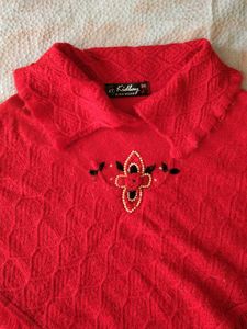 Red Knit Poncho with Tassel Fringe