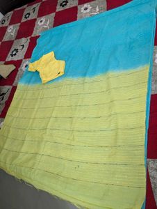 Blue &amp; Green Striped Saree with Yellow Blouse