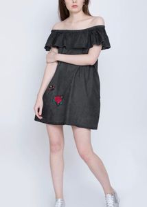 Chic Off-Shoulder Denim Dress with Patches