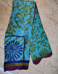 New Vibrant Floral Print Blue Saree with running b