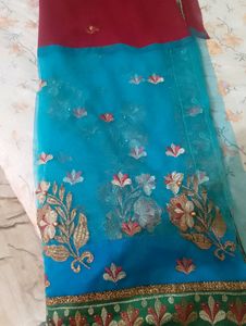 Red And Cyan Dubbul Shed New Saree With