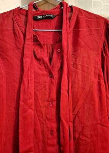 Red Zara Button-Up Blouse with Tie