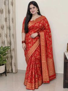 Vibrant Red Saree with Goldwork