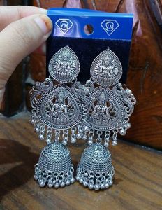 Maa Lakshmi Temple Design Oxidized Jhumka Earrings