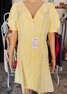 Yellow Striped Puff Sleeve Mini Dress