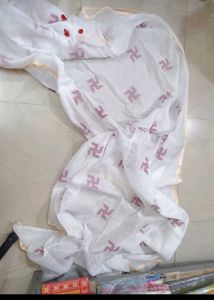 White saree with Red Swastik Print