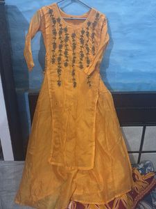 Yellow Embroidered Kurta with attached skirt style