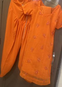 Orange Embroidered Kurta Set with Dupatta