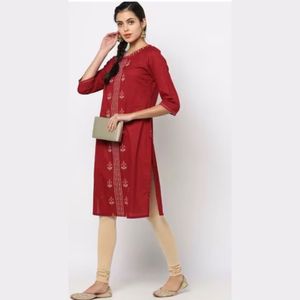 Elegant Ruby Red Embroidered Kurti|XS