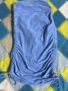 Blue Ruched Strapless Mini Dress