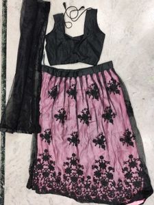 Elegant Pink &amp; Black Embroidered Lehenga Set