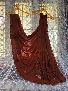 🤎✨🍂Rust Brown Poonam Georgette Sequin Saree | Pa