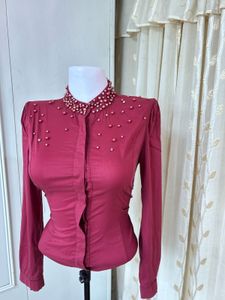 Beaded Collar Long Sleeve Top