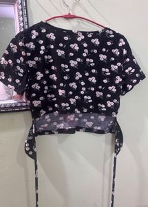 Chic Black Floral Wrap Top