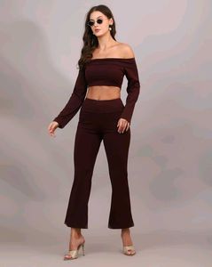 Maroon Off-Shoulder Crop Top Set
