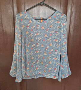 Blue Floral Bell Sleeve Blouse