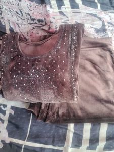 Embellished Brown Velvet Kurta Set