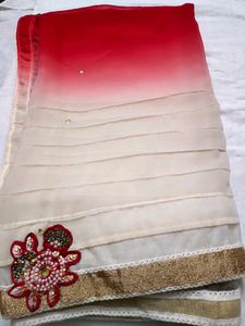 Woww Red Shady Saree With Patchwork