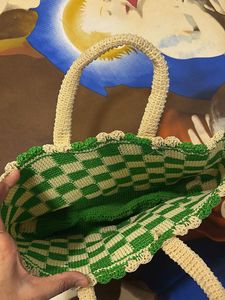 Green &amp; White Checkered Crochet Tote Bag