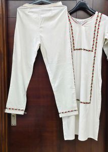 Elegant White Kurta set with Red-Green Embroidery