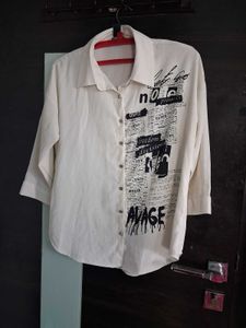 Cream Button-Down Shirt with Newspaper Print