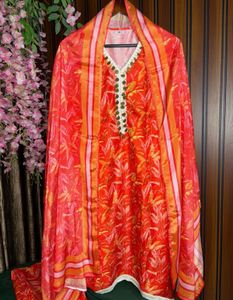 Vibrant Pure Jaipuri Orange Floral Kurta Set with