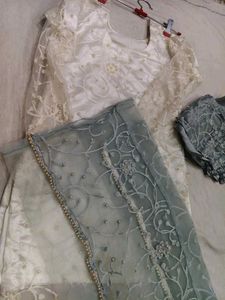 Elegant White Kurta Set with Blue Pants