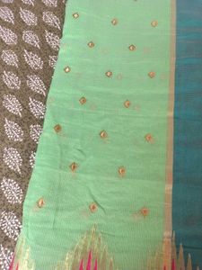 Light Green Saree with Pink &amp; Blue Blouse