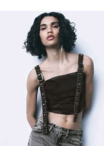 Zara Denim Crop Top with Buckle Straps
