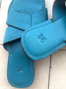 Blue Leather Crossover Sandals - Size 36