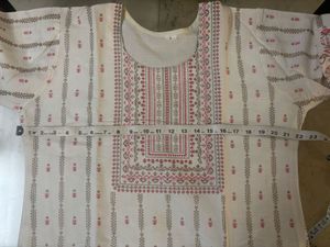 Elegant White Kurta with Pink &amp; Brown Print