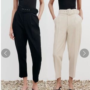 Stylish High-Waisted Belted Pants - Black &amp; Khaki