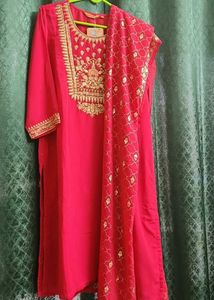 Embroidered Pink Kurta with Palazzo and Duppata