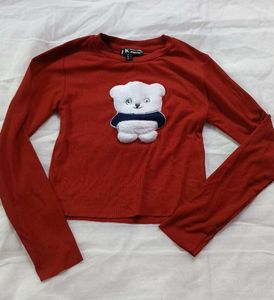 Cute Bear Graphic Ribbed Long Sleeve Top