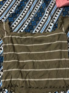 Olive Green Striped Off-Shoulder Top