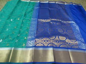 Blue and Green checks semi silk saree