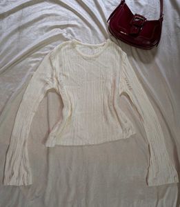 Cream Knit Distressed Bell Sleeve Top