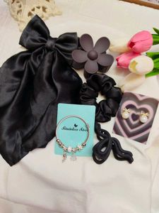 Chic Black Satin Bow &amp; Hair Clips Set