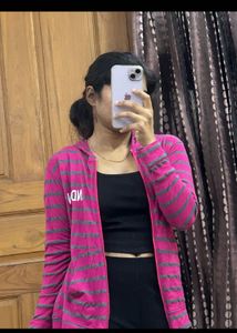 Pink &amp; Grey Striped Zip-Up Hoodie