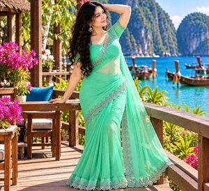 Elegant Sea Green Saree with White Lace