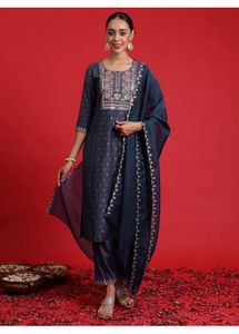 Elegant Navy Blue Embroidered Kurta Set