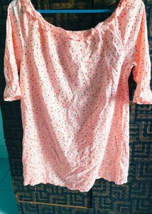 Peach Polka Dot Off-Shoulder Top with Puff Sleeves