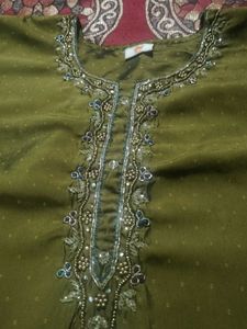 Elegant Olive Kurta Set with Blue Pants