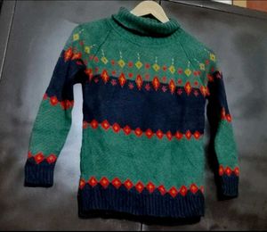 Green & Multi Print Sweater For 4- 5 Year Boy